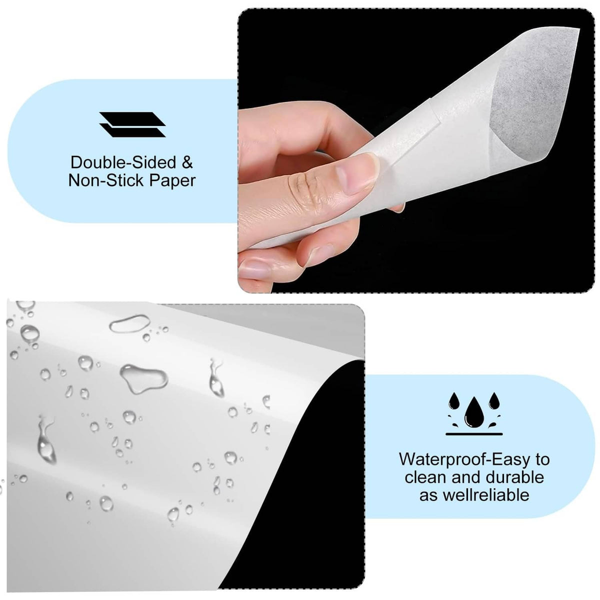 Double-sided non-stick release paper, white, water-resistant surface with visible droplets