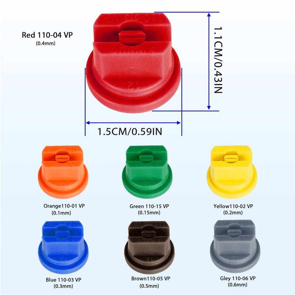 Close-up flat fan spray nozzle cap in red plus assorted color-coded nozzle tips