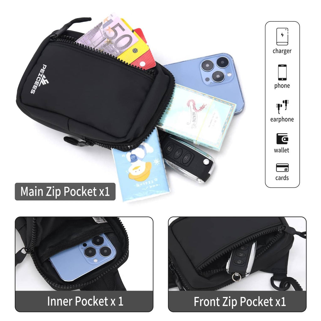 Black mini sling bag with multiple compartments and front zip pocket for phone
