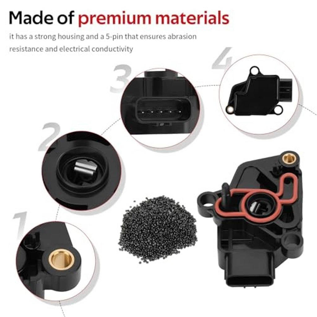 Black throttle position sensor with red gasket, close-up housing and connector details