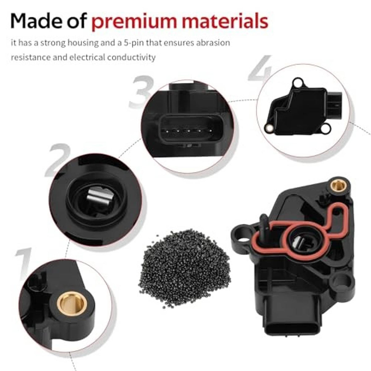 Black throttle position sensor with red gasket, close-up housing and connector details