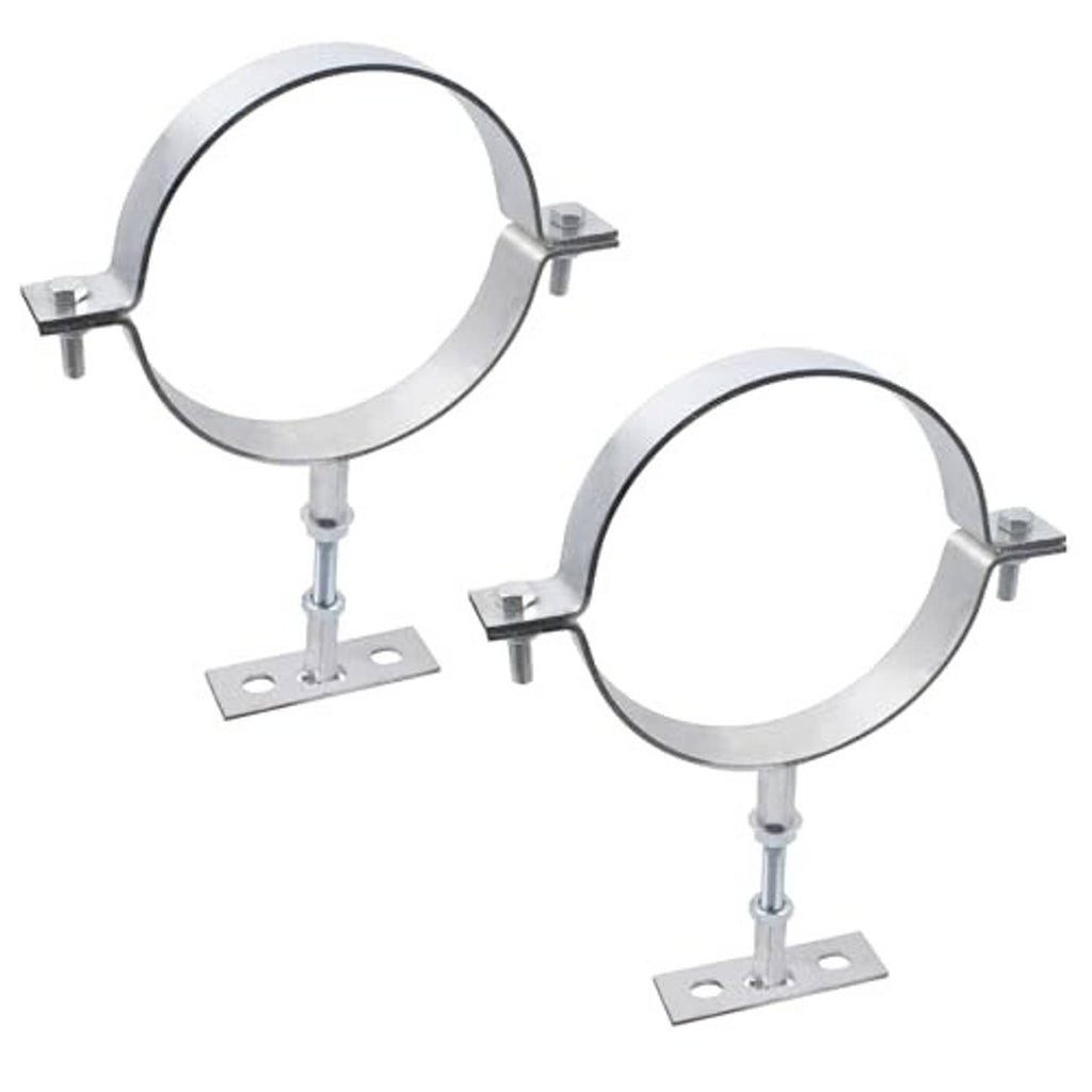 Two adjustable galvanized pipe split-ring brackets with flat mounting plates and bolts.