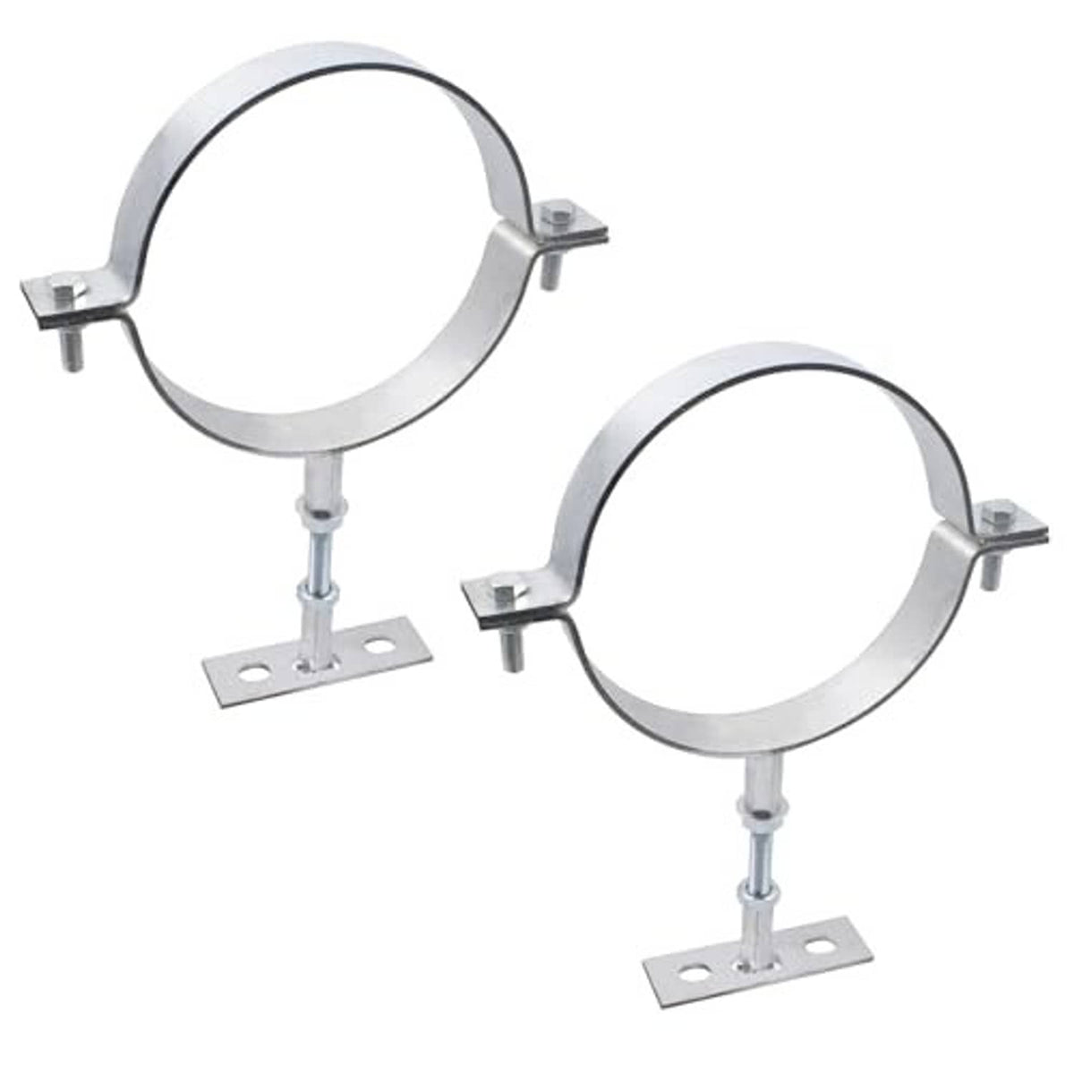 Two adjustable galvanized pipe split-ring brackets with flat mounting plates and bolts.
