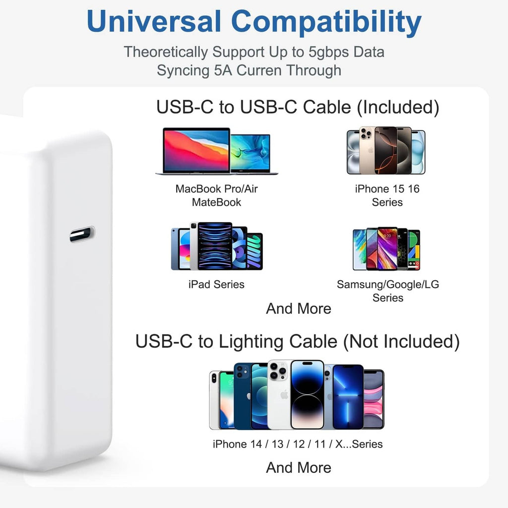 White compact USB-C power adapter with built-in USB-C interface and included cable