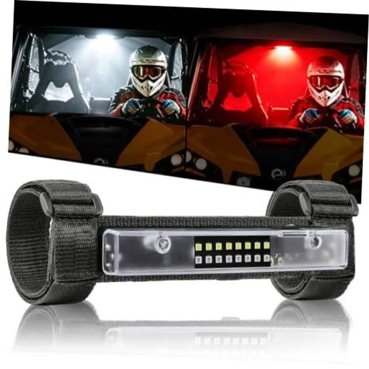 Magnetic roll-bar LED dome light with clear lens and black woven mounting straps