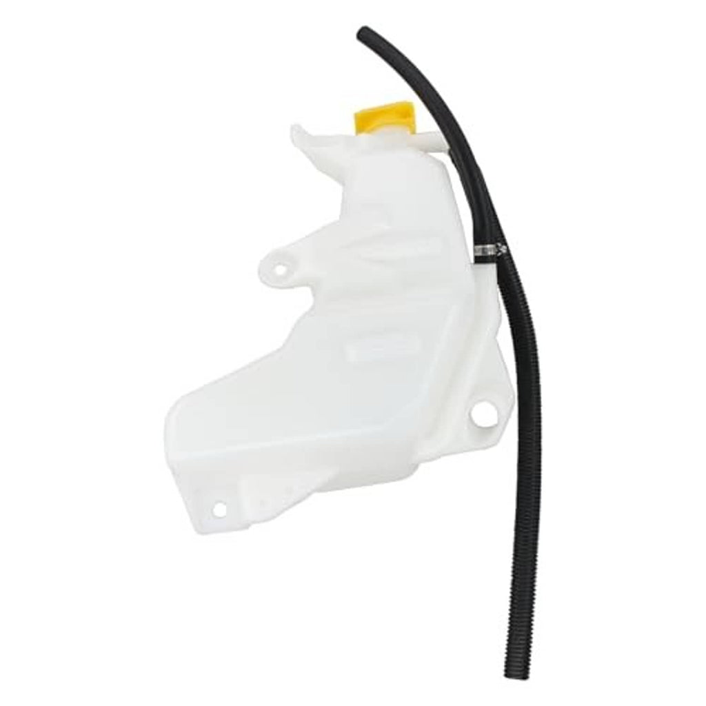 White coolant recovery tank with yellow cap and upright black hose segment