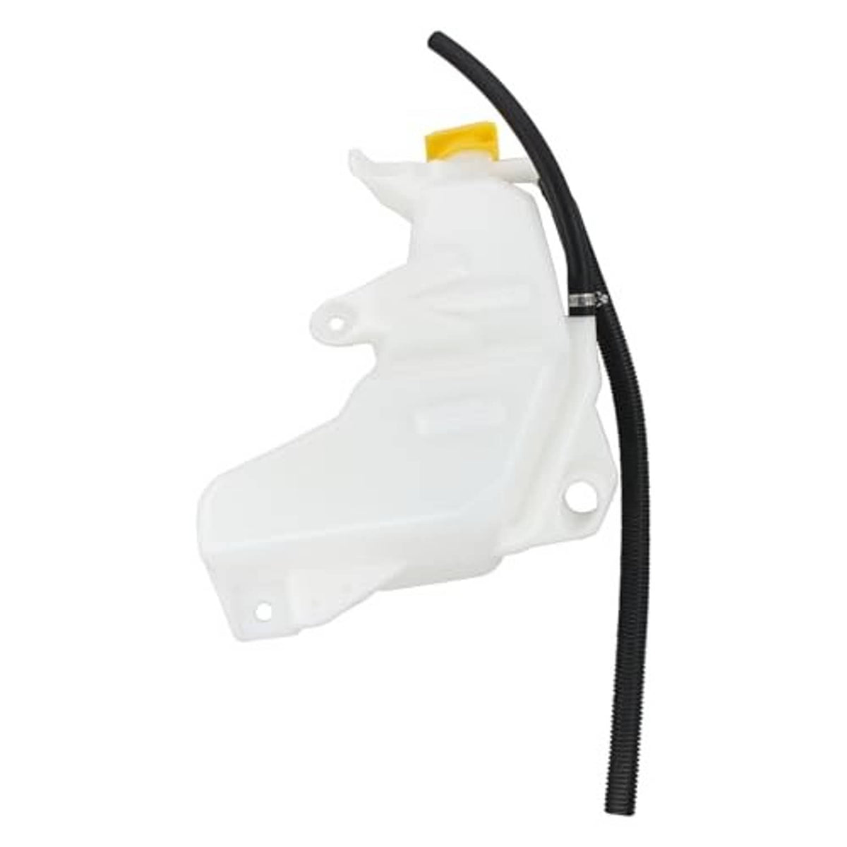 White coolant recovery tank with yellow cap and upright black hose segment