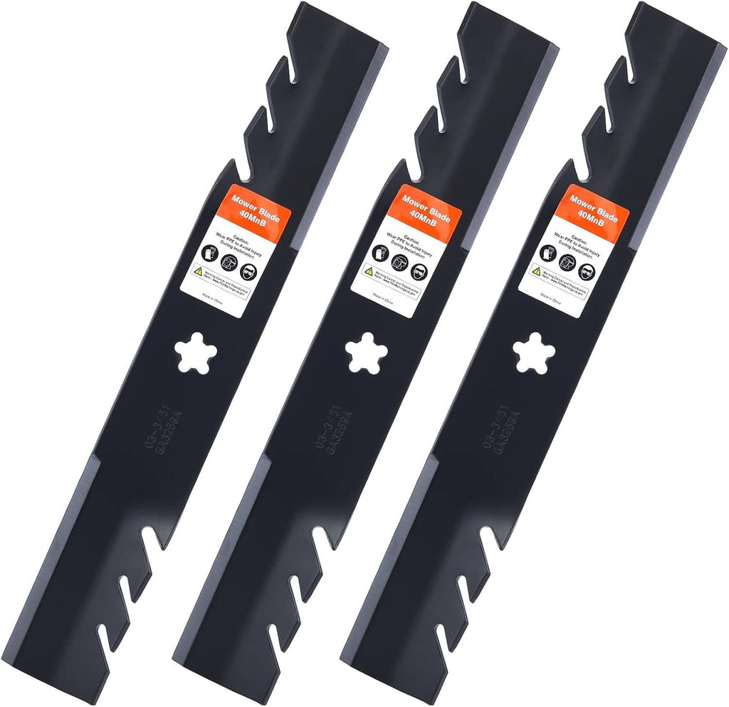 Three black mulching mower blades with mounting holes and orange labels