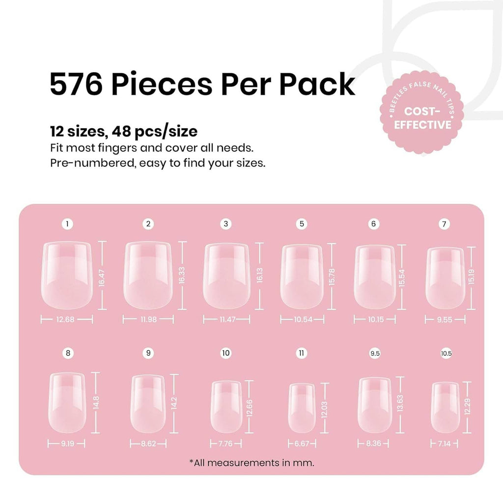 Short square nail tips size guide with multiple pre-numbered tip shapes