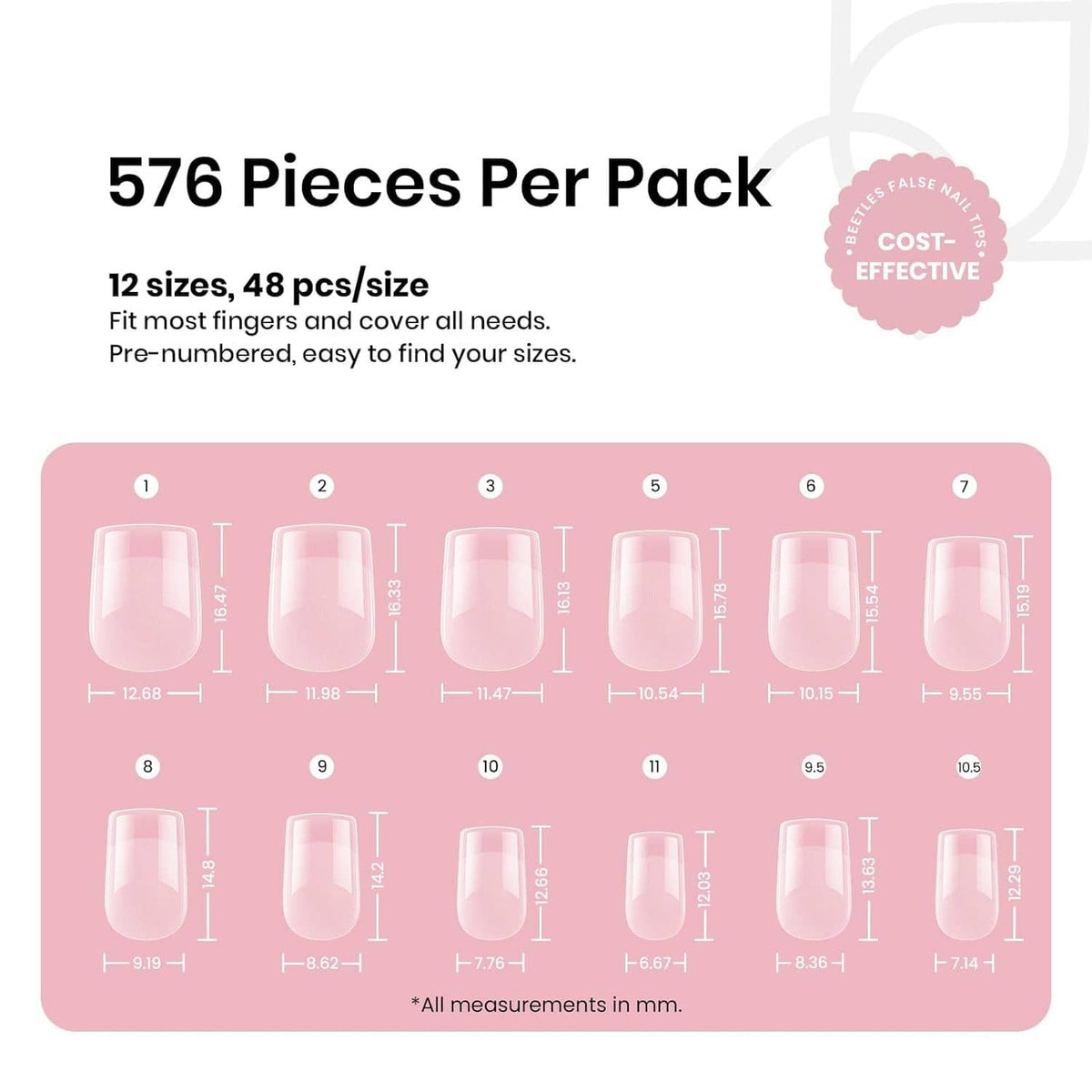 Short square nail tips size guide with multiple pre-numbered tip shapes