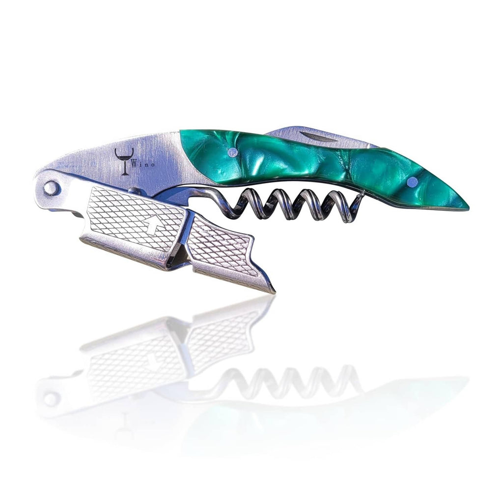 Emerald green and silver wine corkscrew with spiral worm and lever handles.