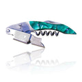 Emerald green and silver wine corkscrew with spiral worm and lever handles.