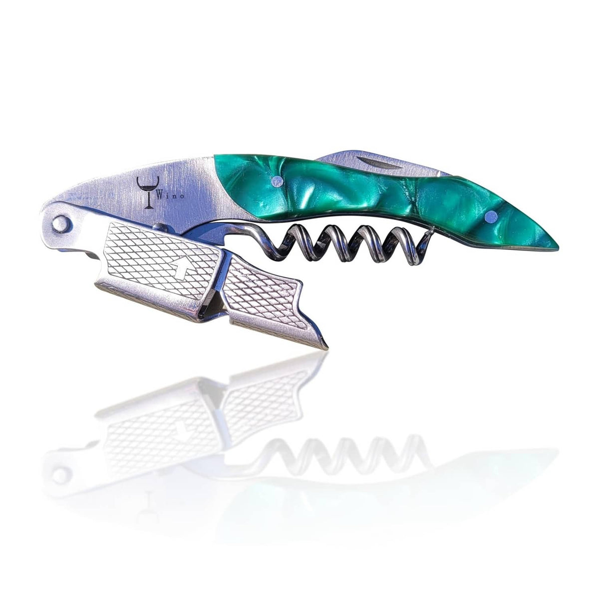 Emerald green and silver wine corkscrew with spiral worm and lever handles.