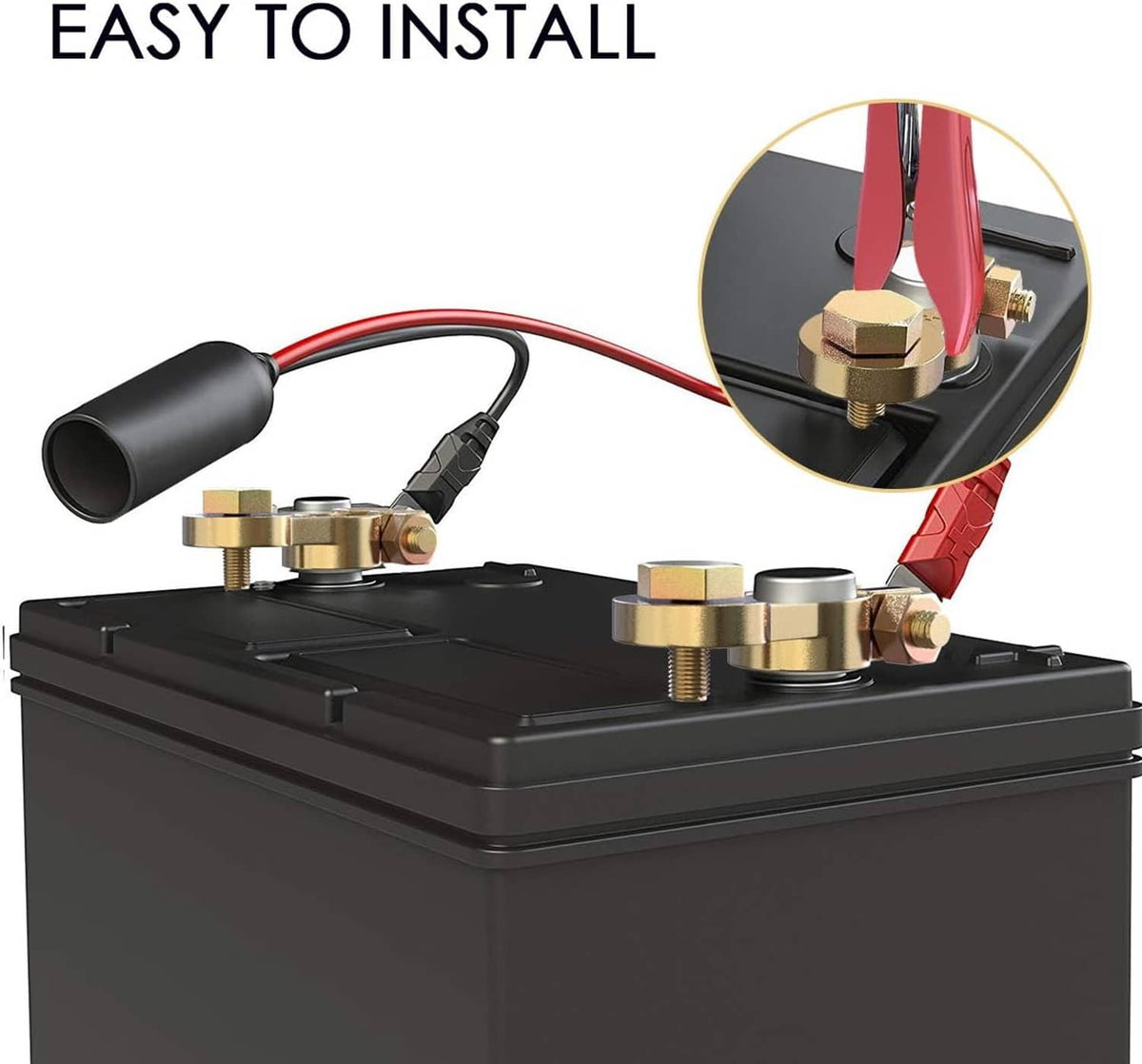Brass battery terminal connectors attached to a car battery with red and black cables