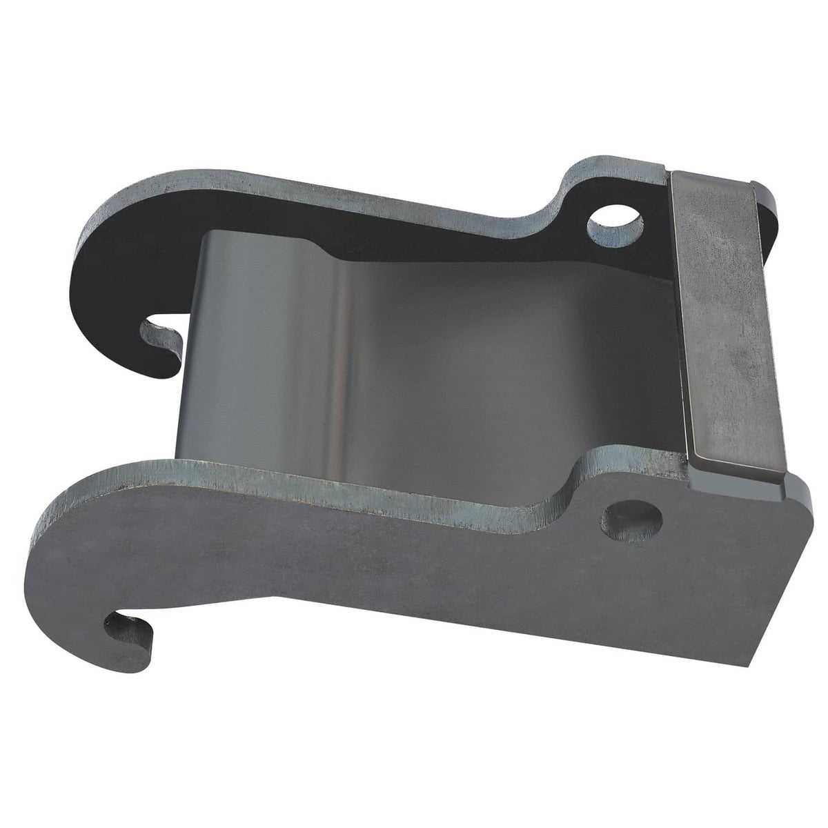 Side profile of dark gray excavator quick attach coupler bracket with pin hole and fork ends