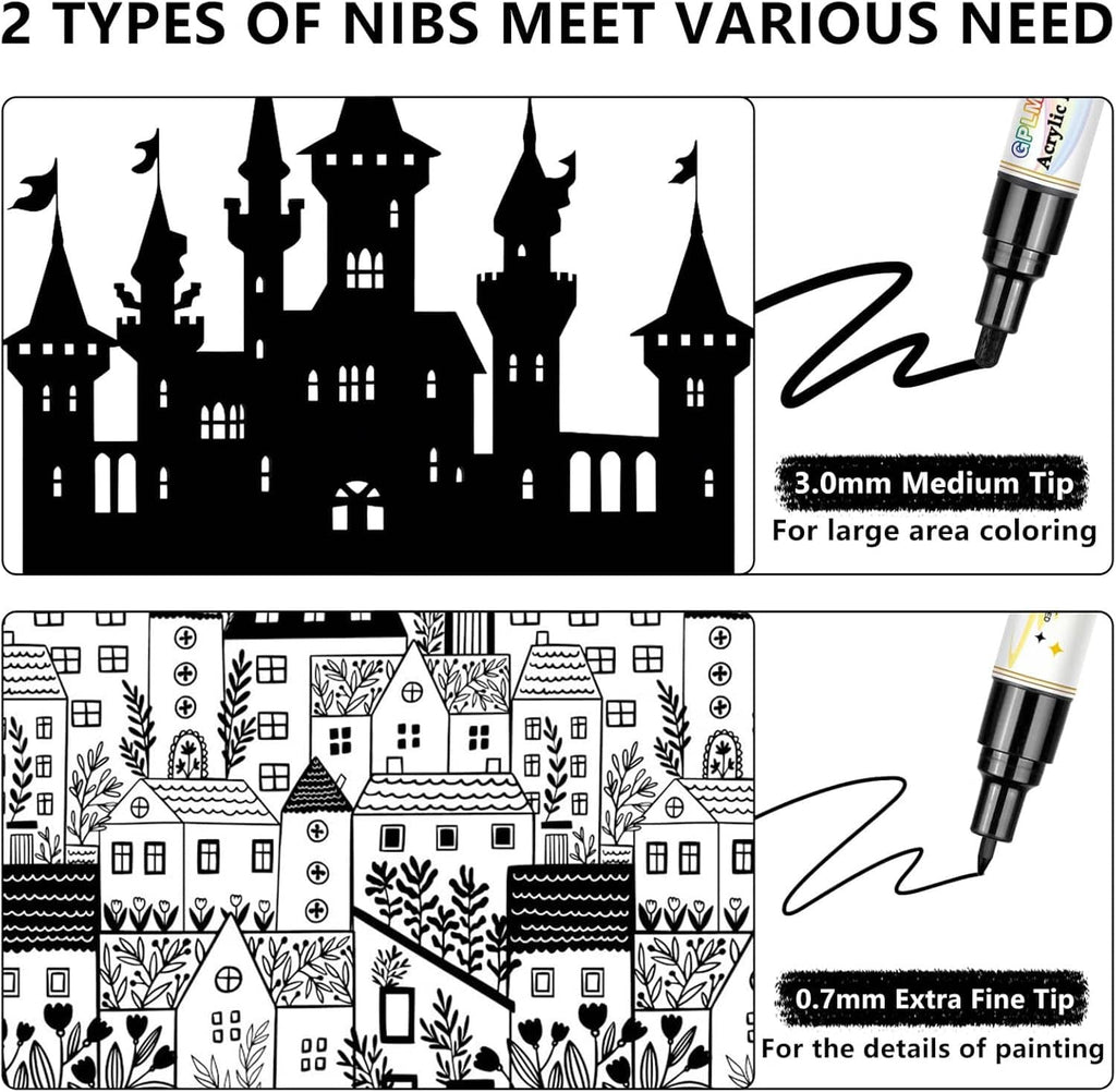 Dual-tip nibs for acrylic paint markers: 3.0mm medium and 0.7mm extra-fine tips