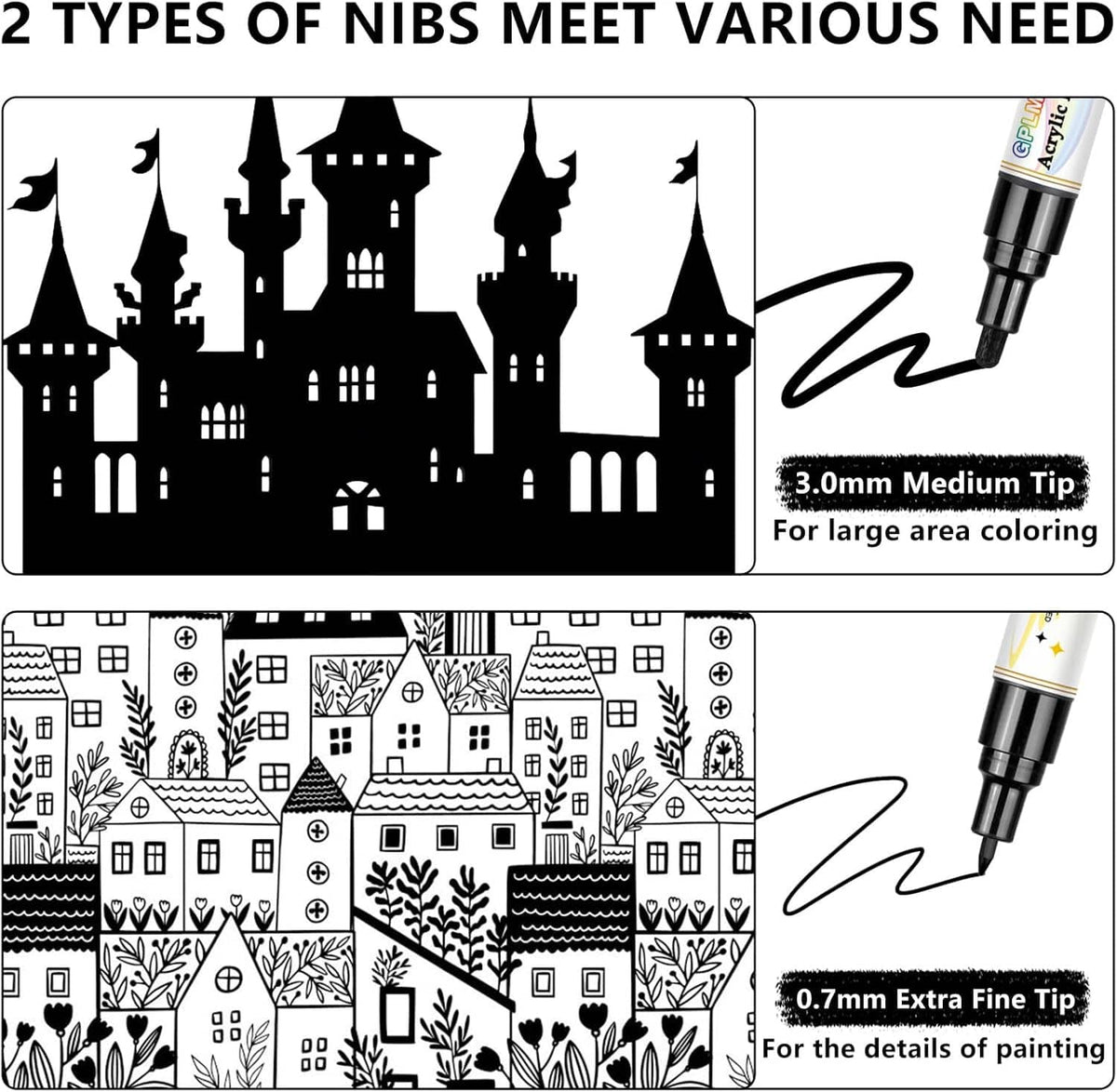 Dual-tip nibs for acrylic paint markers: 3.0mm medium and 0.7mm extra-fine tips