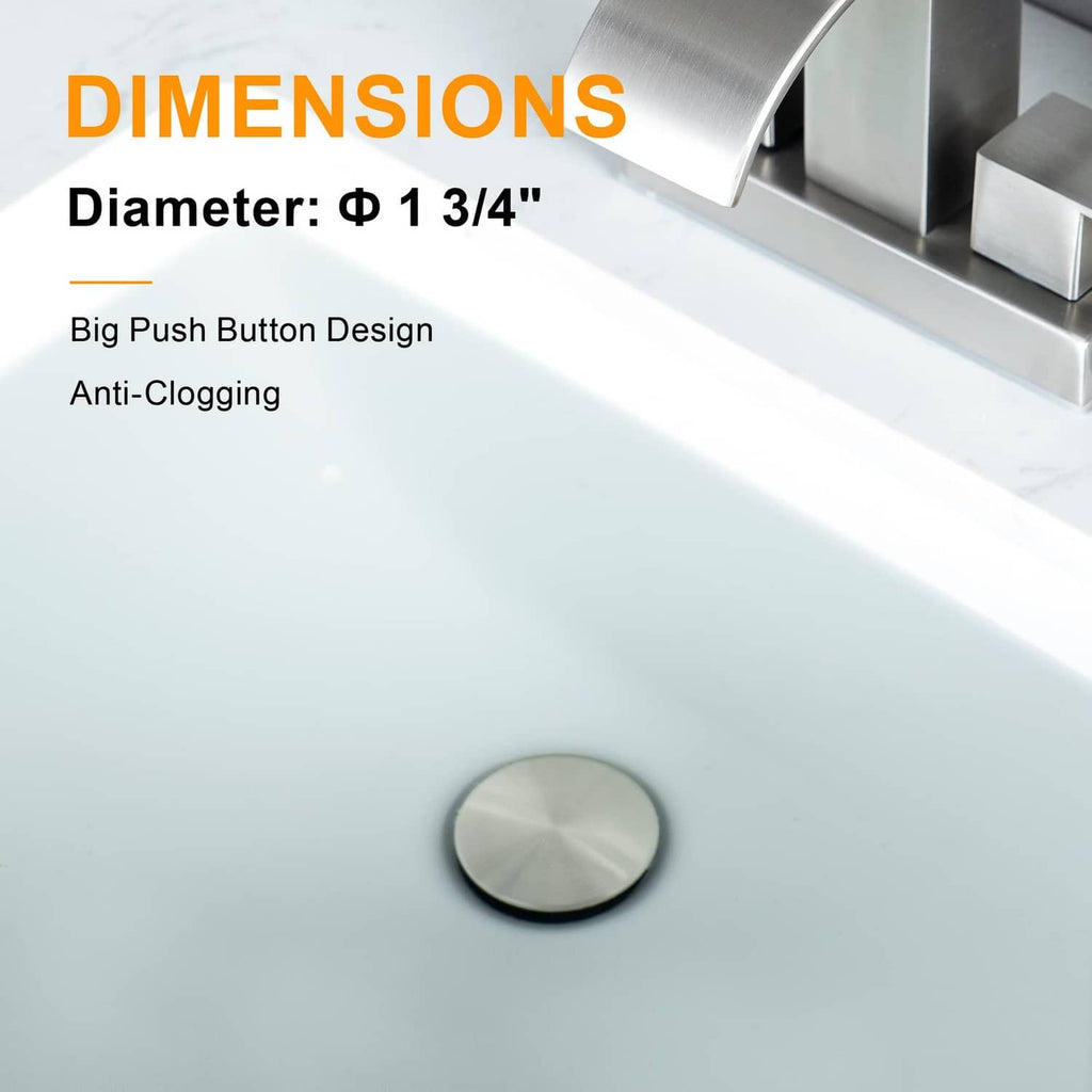 Brushed nickel round pop-up drain cover on a sink with push-button style top