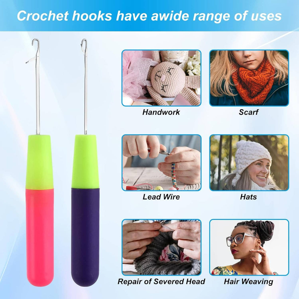 Pair of latch hook crochet needles with neon green handles, pink and purple grips, metal hooks