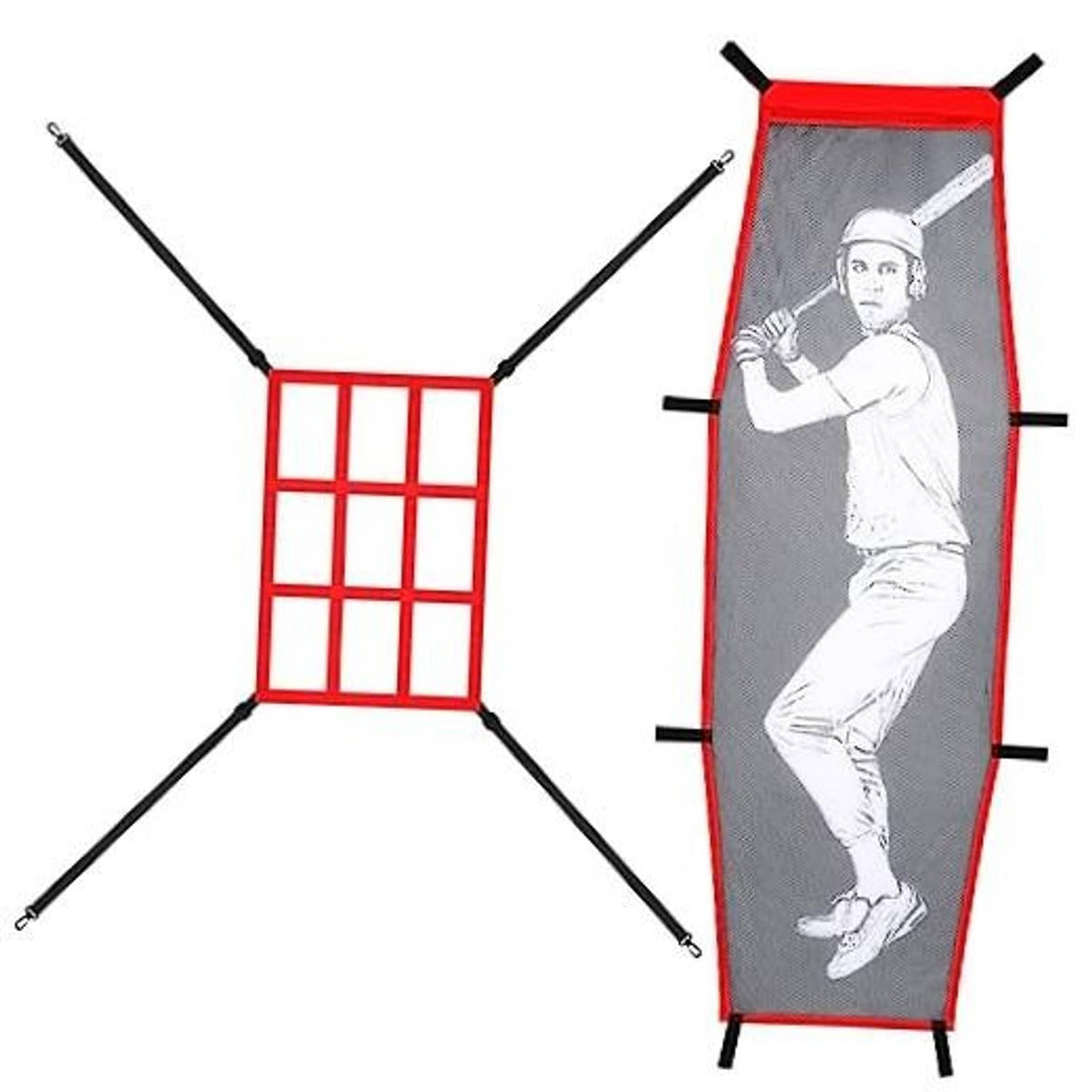 Red-and-black pitching target with dummy batter net and cross-style support poles