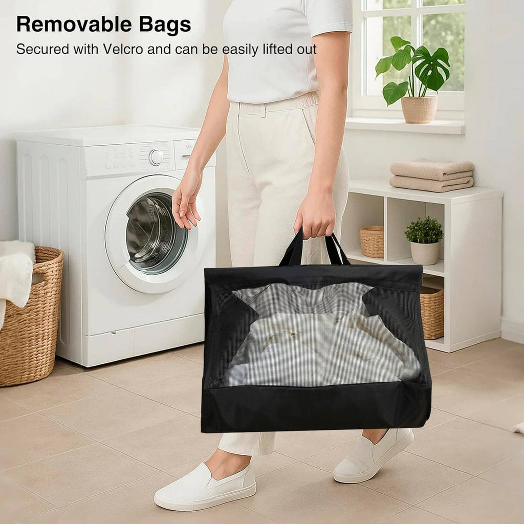 3-tier laundry hamper with removable mesh bags; tote held in front