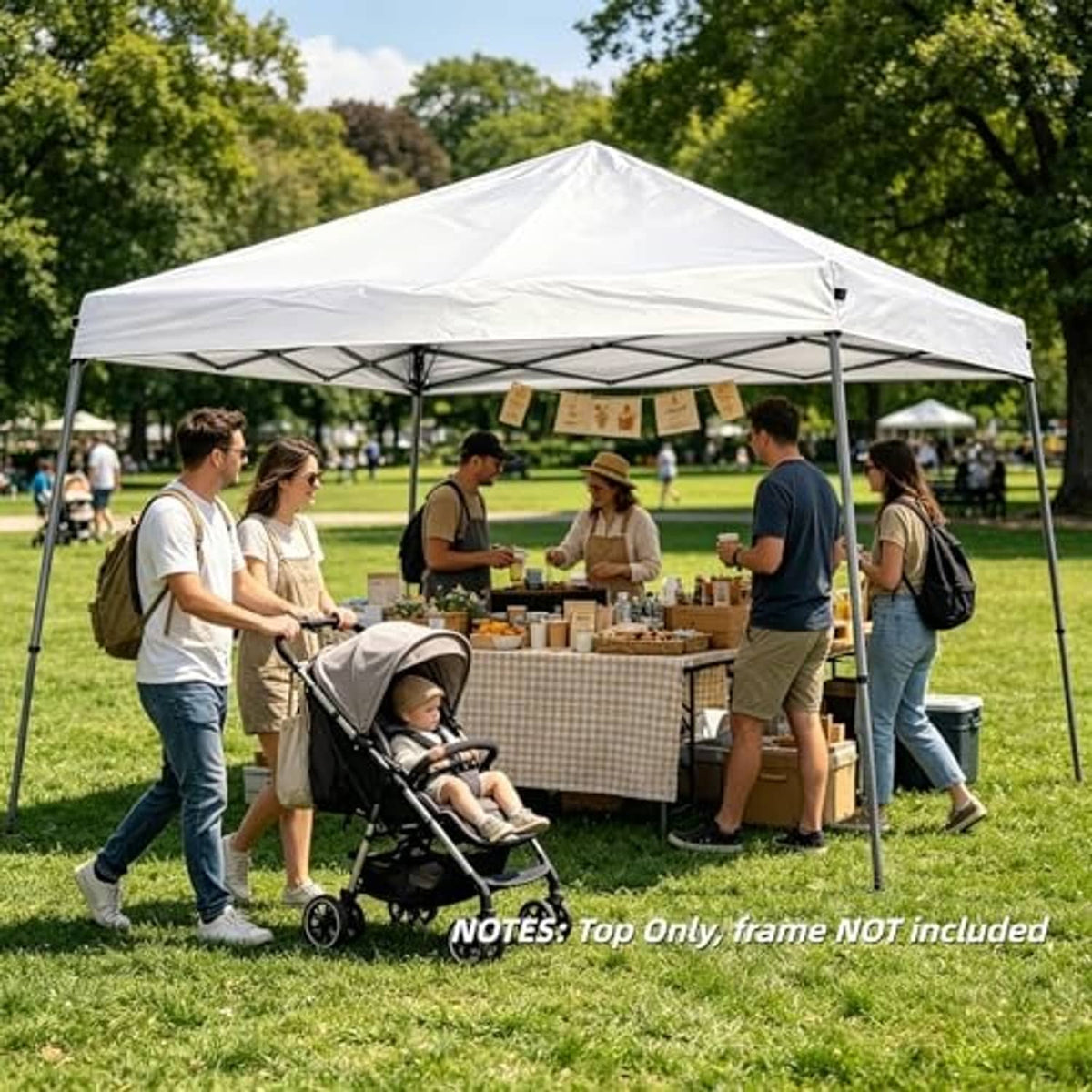 White canopy top cover over outdoor event with people shopping beneath