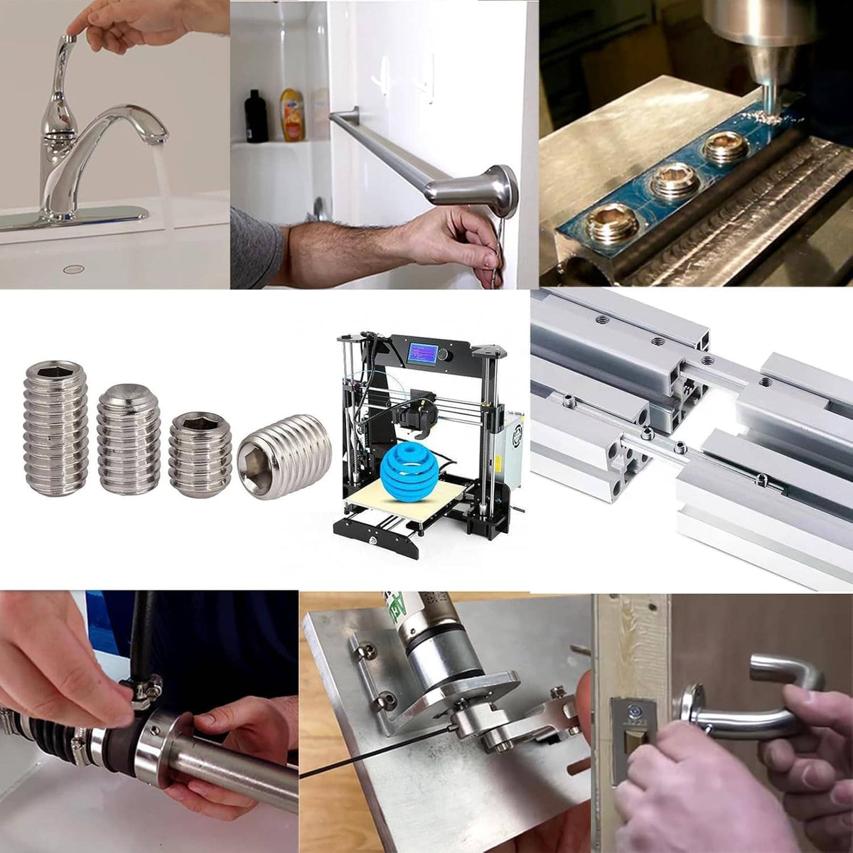 Stainless steel set screws and hex wrench used for hardware installation tasks