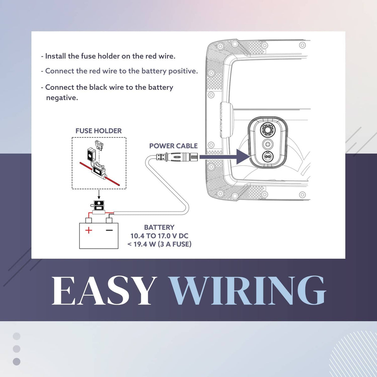 Power wiring diagram for battery connection with fuse holder and power cable