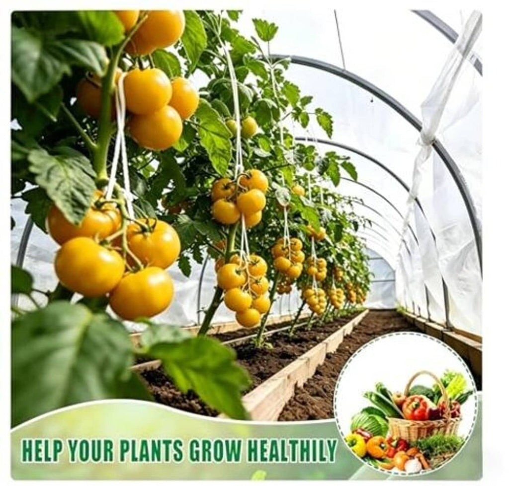 White plant shade cloth tunnel over tomato plants with yellow fruit