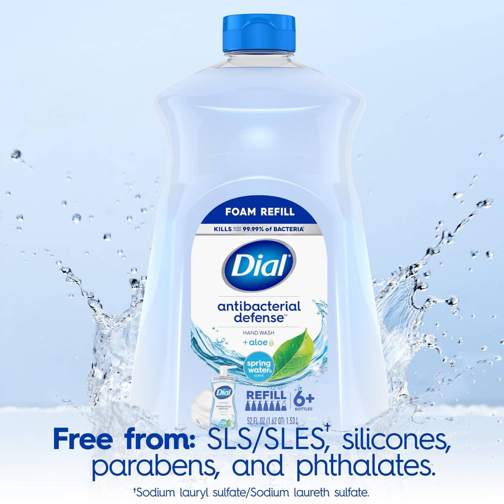 Dial antibacterial foaming hand soap refill bottle, light blue with spring water graphic
