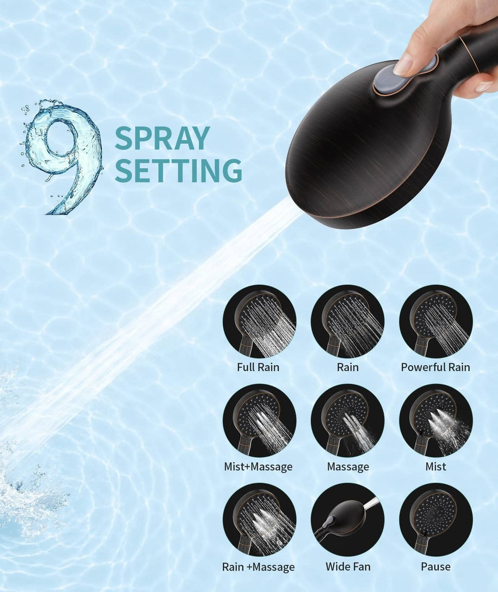Bronze handheld shower head with selectable spray patterns shown on the round face