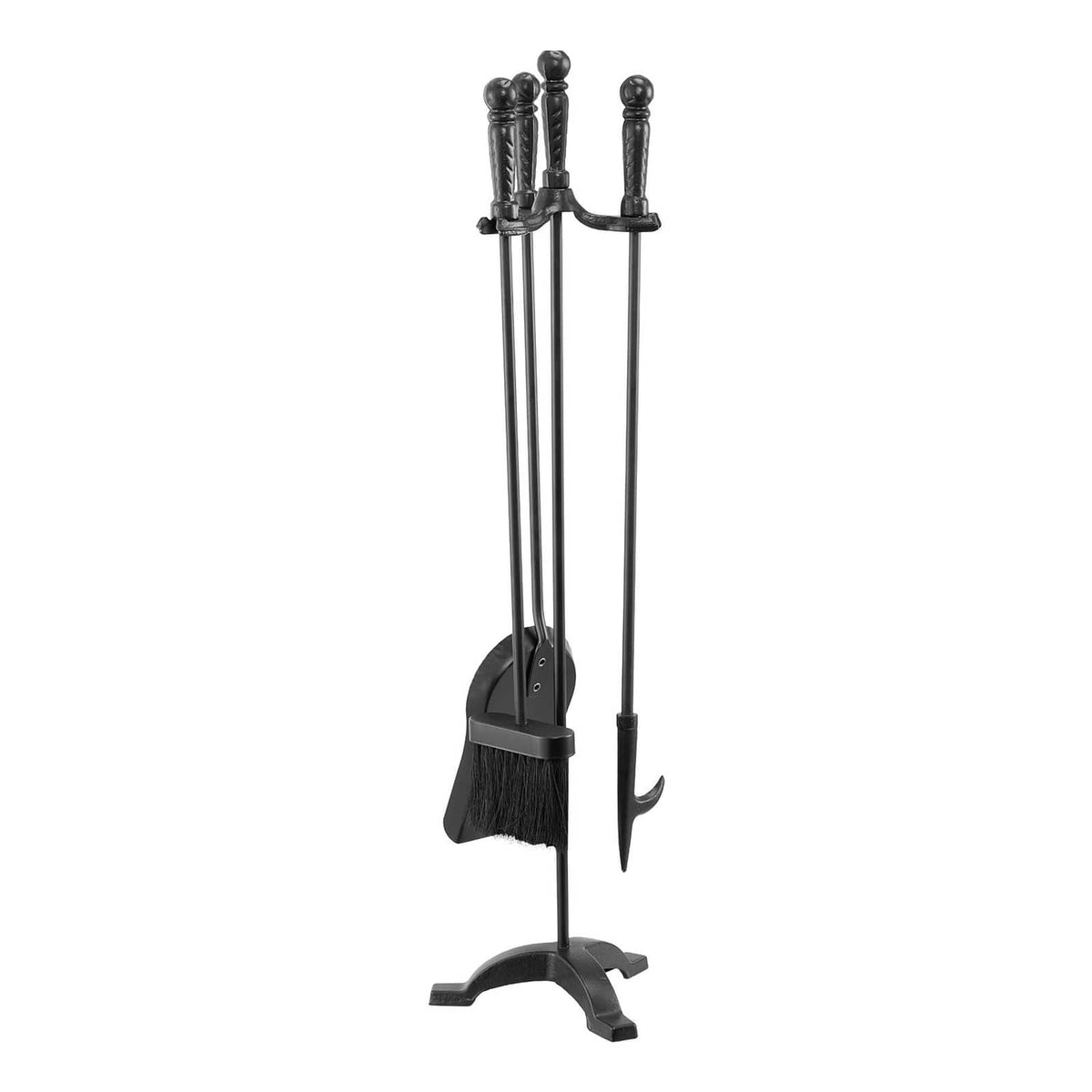 Black 4-piece fireplace tool set with stand: poker, tongs, ash shovel, brush.
