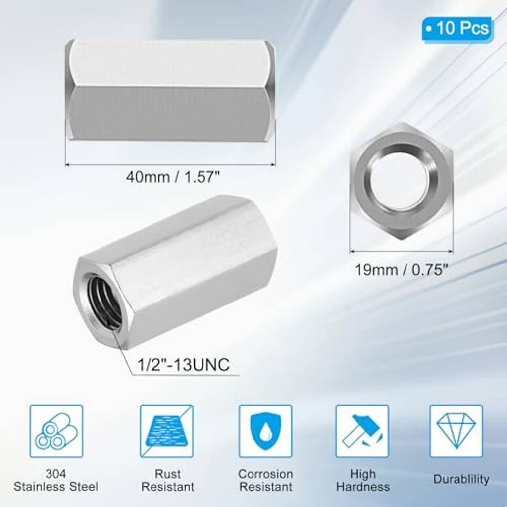 Stainless steel hex coupling nut with visible circular thread opening and dimensions