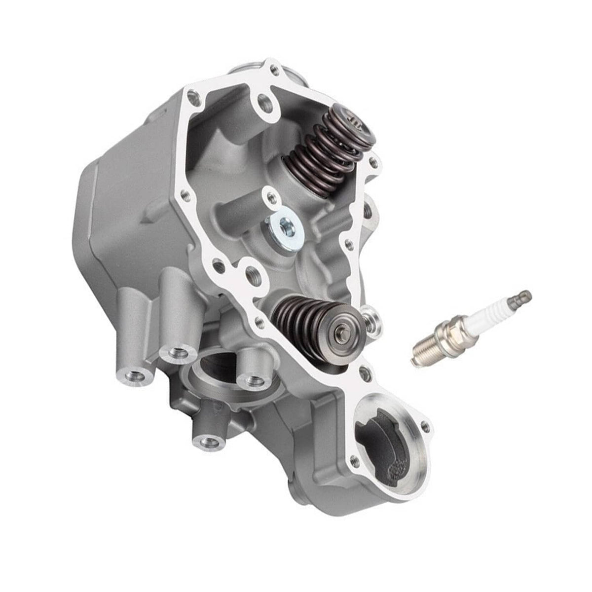Side view of aluminum cylinder head assembly with valve springs and spark plug