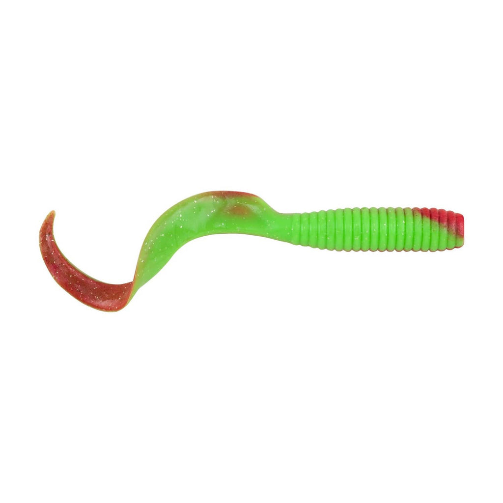 Soft plastic fishing bait, green ribbed body with red curved tail