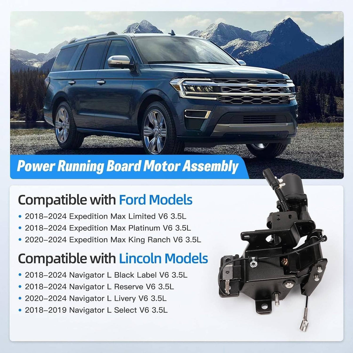 Power running board motor assembly with black bracket, connector plug, and cables