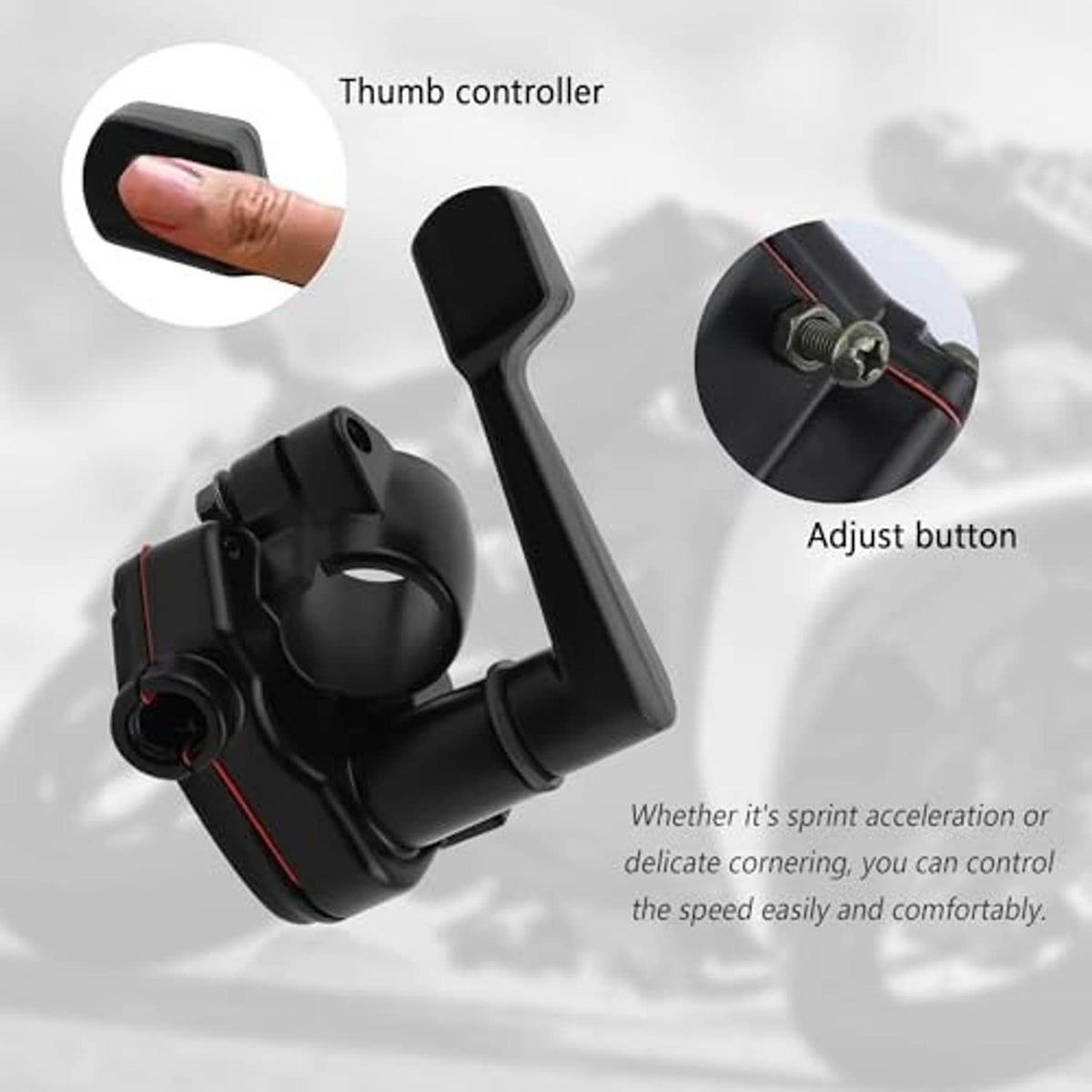 Thumb throttle controller with adjustable button, black lever and cable connections shown