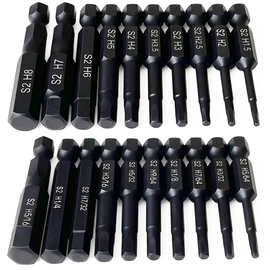 Hex-head Allen drill bits set, black S2 bits with hex ends and size markings