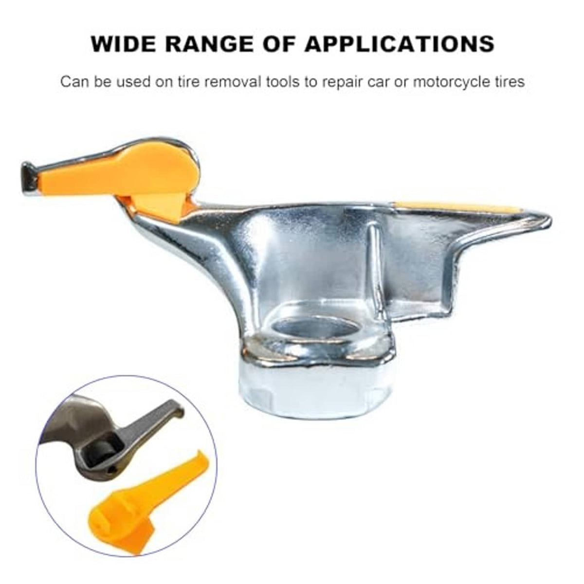 Yellow plastic rim edge protector fitted on a chrome tire removal tool head