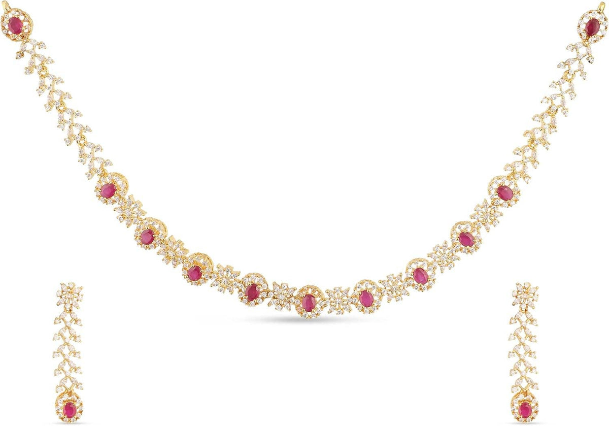 Short gold-tone necklace with purple CZ oval blooms and dangling floral earrings