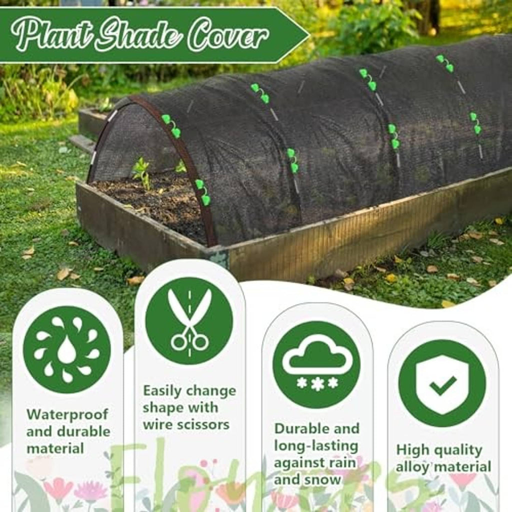 Black plant shade cover tunnel over raised bed with arched metal hoops