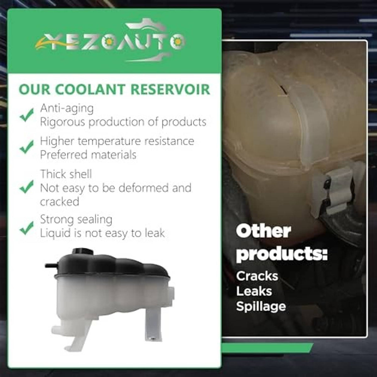 Coolant reservoir with black cap and translucent white tank, shown with product callouts