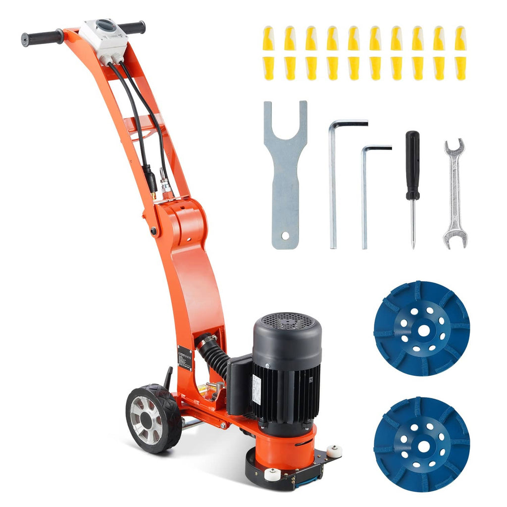 Orange walk-behind concrete floor grinder with motor, wheels, and blue diamond disks