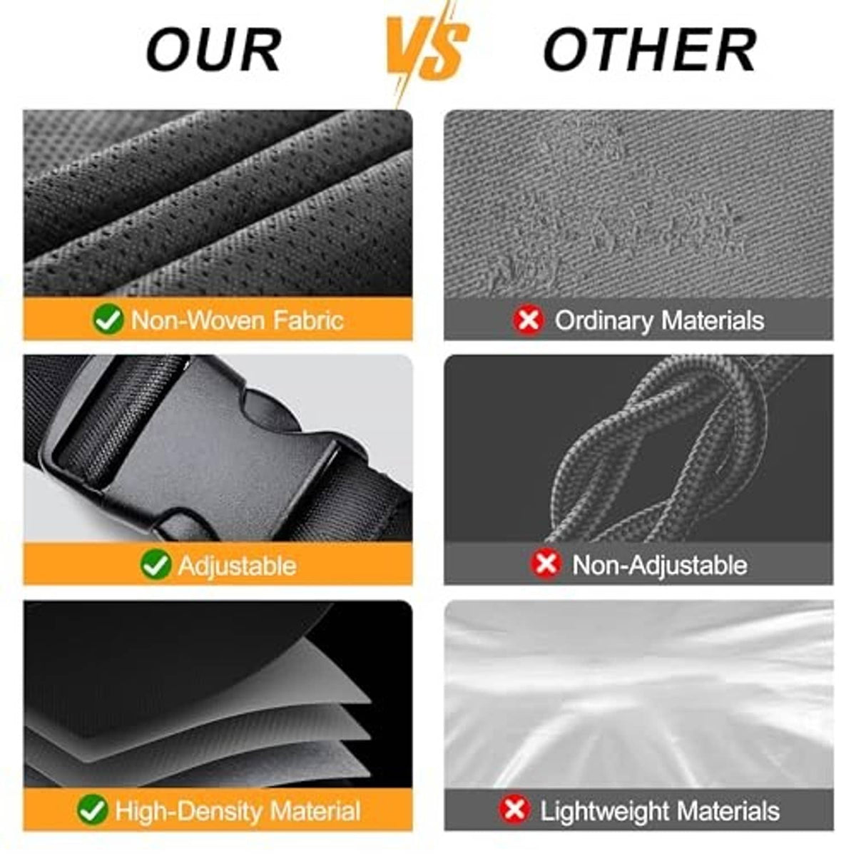 Grey RV roof cover fabric comparison, showing non-woven material and adjustable straps.