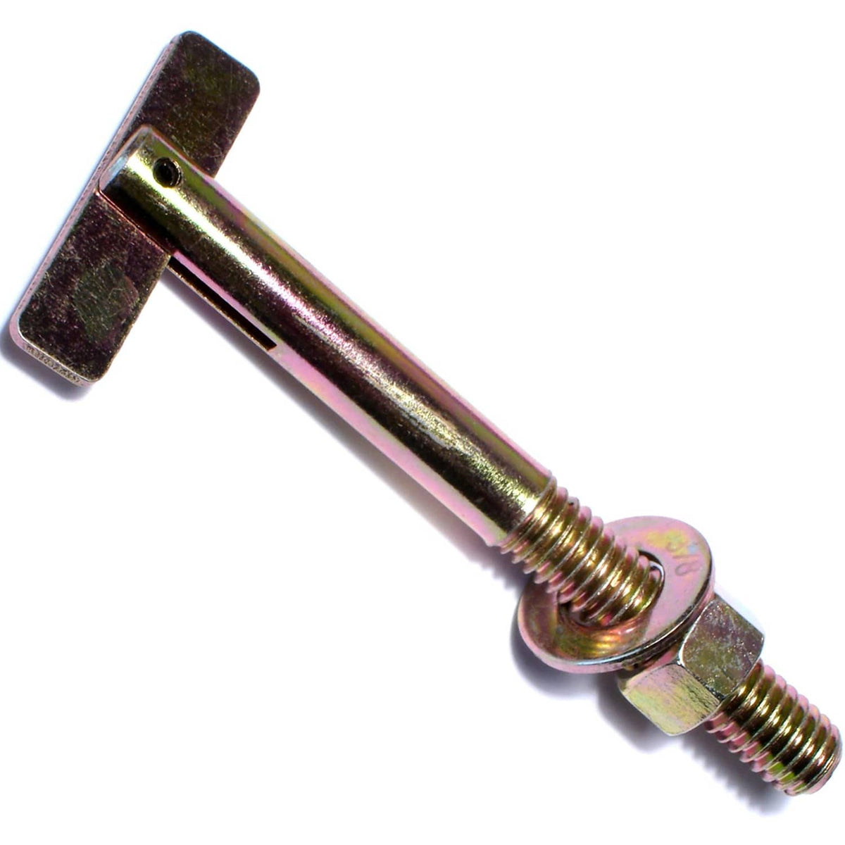 Yellow hollow wall anchor bolts, threaded metal fasteners with flange plates