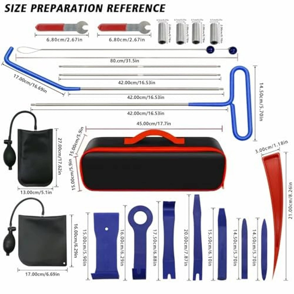 Automotive repair tool kit with blue L-handles and size reference layout with rod measurements