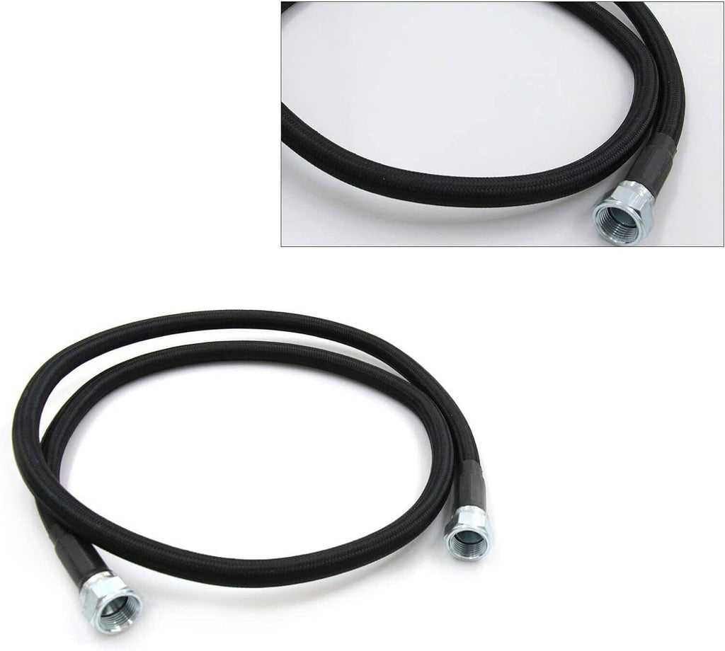 Curved black braided transmission hoses with silver threaded end fittings