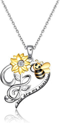 Sterling silver bee-and-flower pendant necklace with sunshine script charm