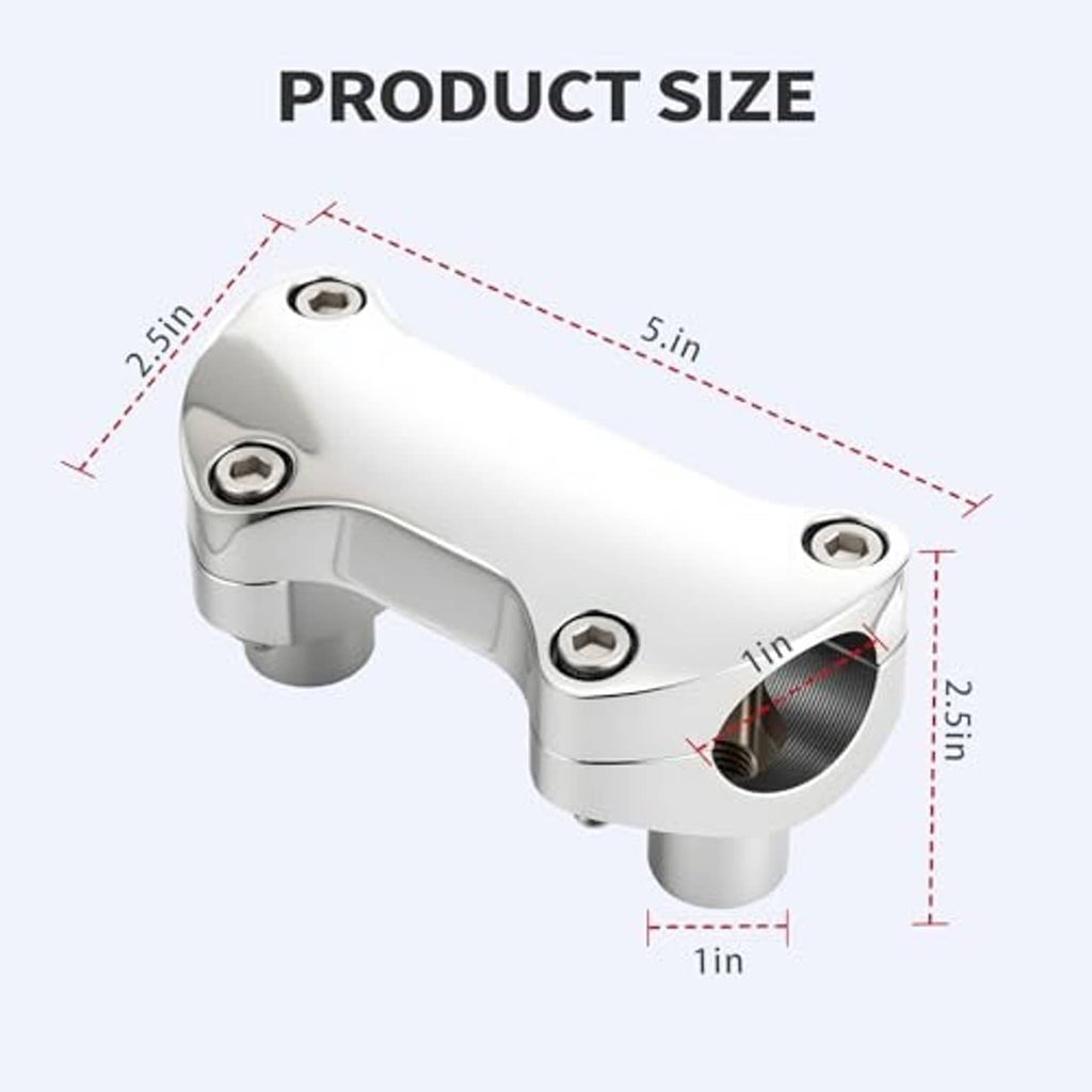 Chrome top clamp riser with mounting points shown with size dimensions