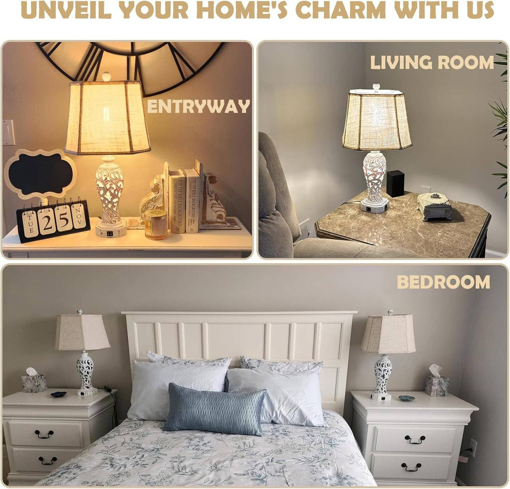 Set of 2 rustic table lamps with beige shades and carved white bases on bedroom and living tables